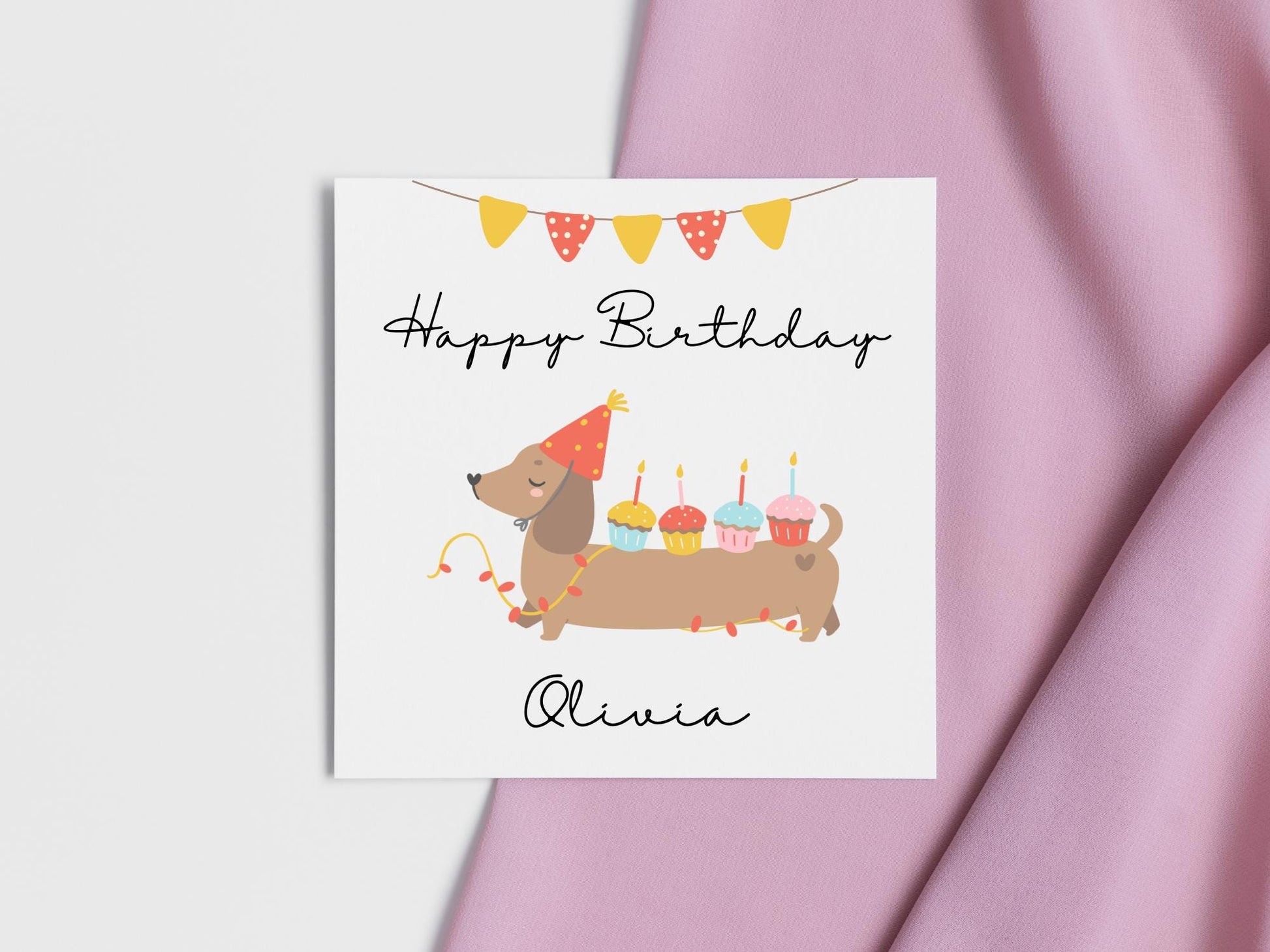 Personalised Dachshund Birthday Card: Handmade Sausage Dog with Cupcakes