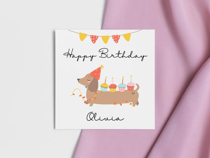 Personalised Dachshund Birthday Card: Handmade Sausage Dog with Cupcakes