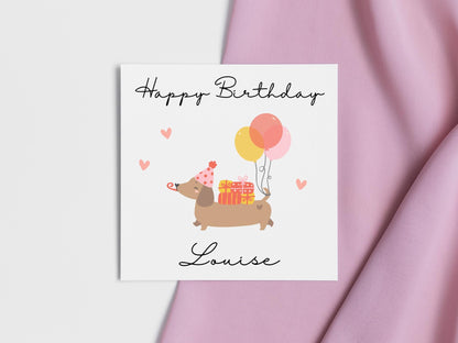 Personalised Dachshund Birthday Card Cute Sausage Dog Card Balloons
