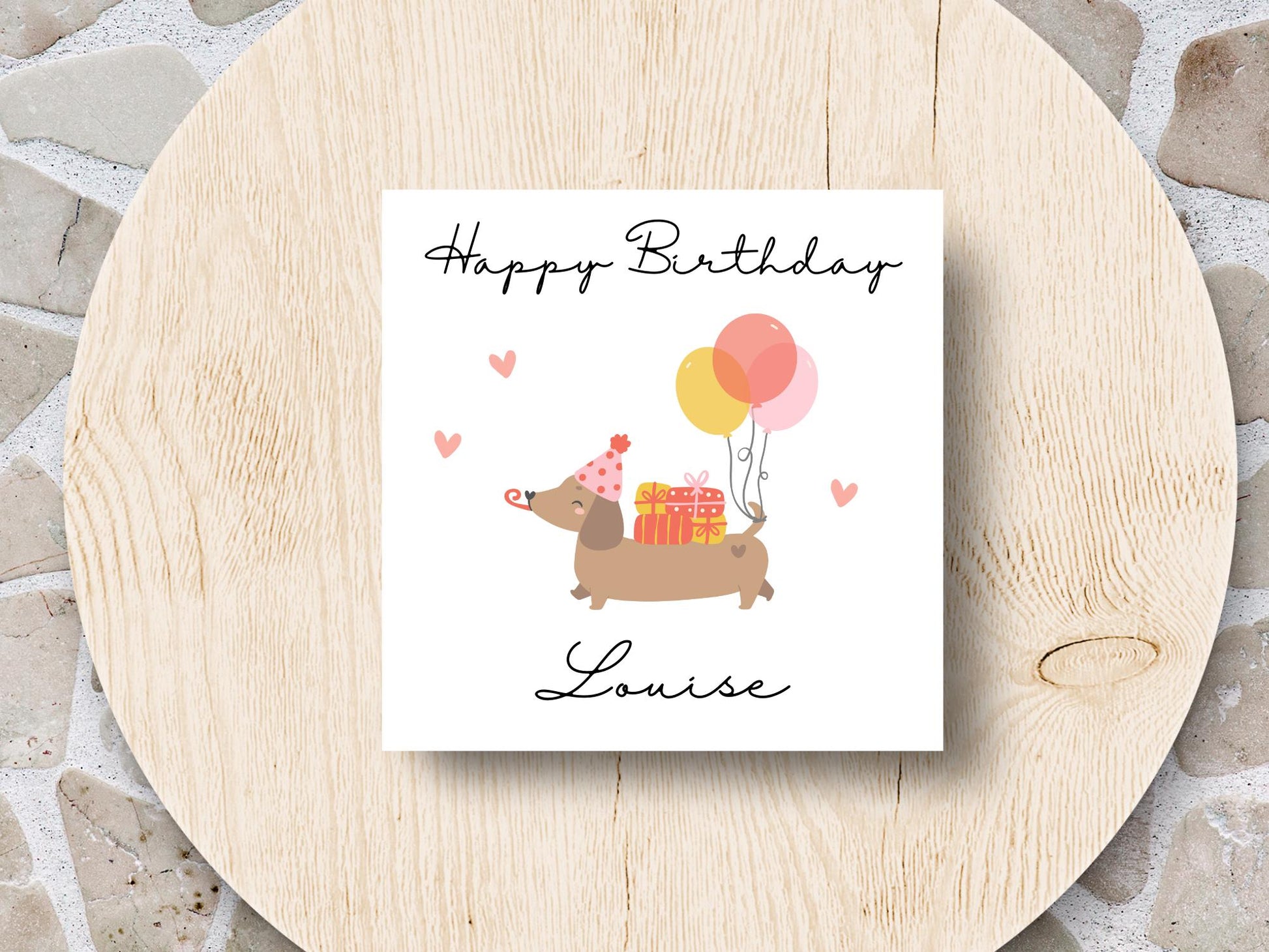 Personalised Dachshund Birthday Card Cute Sausage Dog Card Balloons
