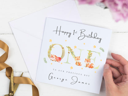 Personalised 1st (First) Birthday Card: Woodland Fox Theme