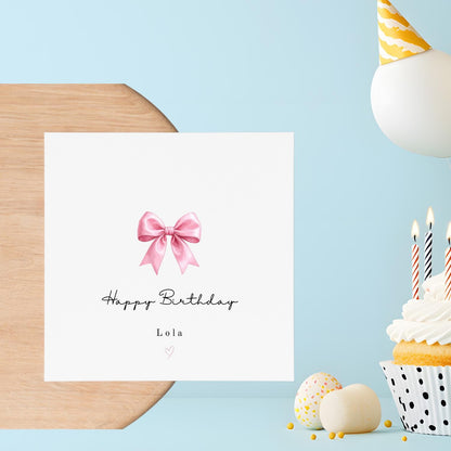 Personalised Elegant Pink Bow Birthday Card for her