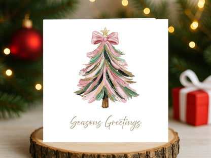 Watercolour pink print Christmas Tree Cards - Single or Multipack Seasons Greetings
