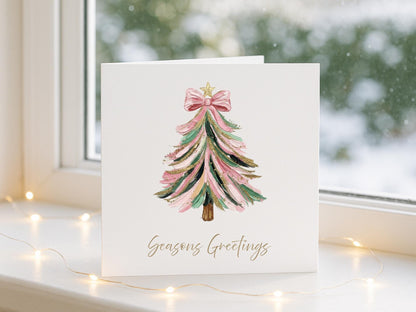 Watercolour pink print Christmas Tree Cards - Single or Multipack Seasons Greetings