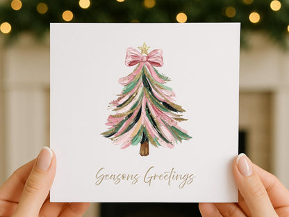 Watercolour pink print Christmas Tree Cards - Single or Multipack Seasons Greetings