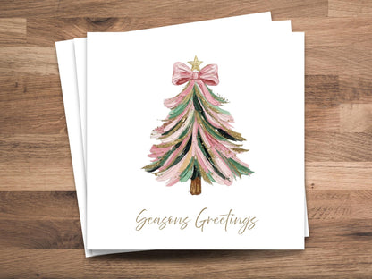Watercolour pink print Christmas Tree Cards - Single or Multipack Seasons Greetings