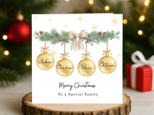 Personalised Garland Family Christmas Card: Custom Names Card Bauble Gold