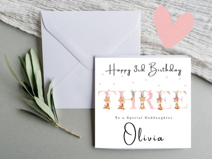 Personalised Pink Age Giraffe Birthday Card for her