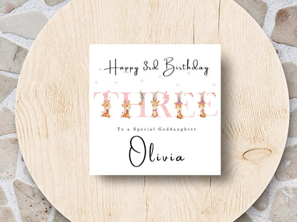 Personalised Pink Age Giraffe Birthday Card for her