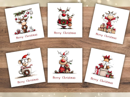 Handmade Christmas Cards set: Whimsical Animals Designs Pack of 6 Seasons Greetings