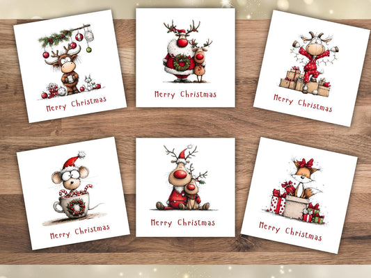 Handmade Christmas Cards set: Whimsical Animals Designs Pack of 6 Seasons Greetings