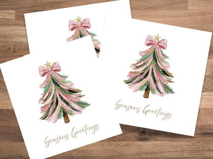 Watercolour pink print Christmas Tree Cards - Single or Multipack Seasons Greetings