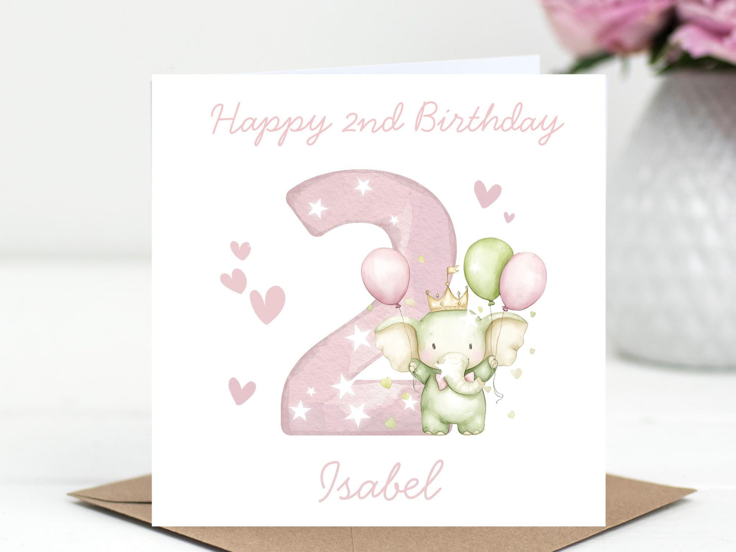 Personalised Elephant Custom Age name pink Birthday Card