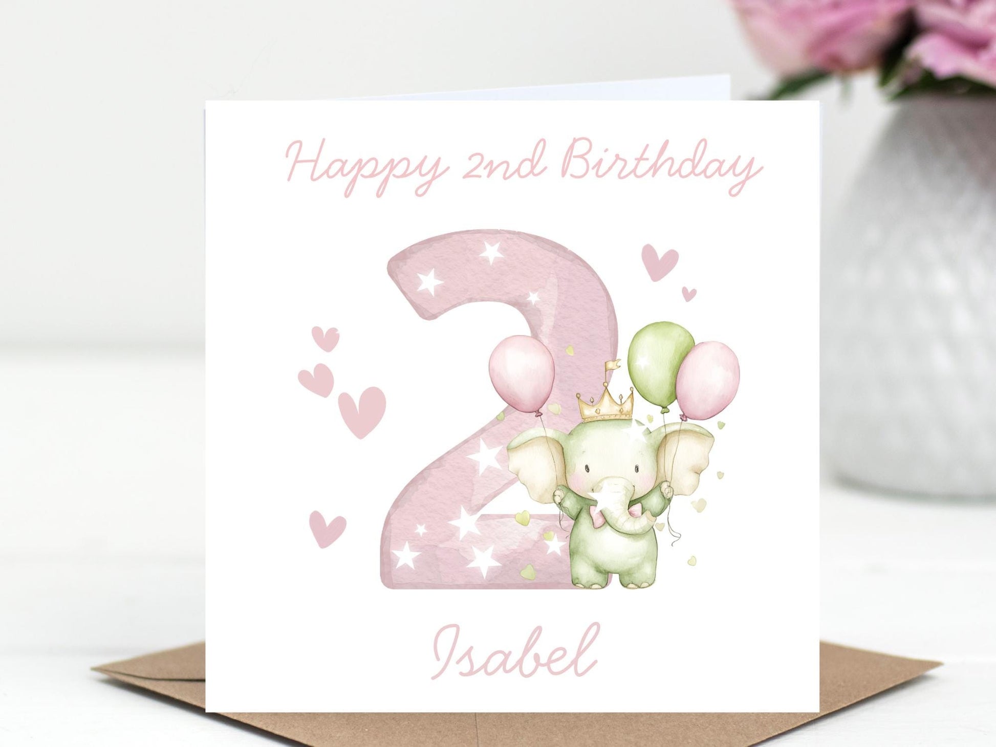 Personalised Elephant Custom Age name pink Birthday Card
