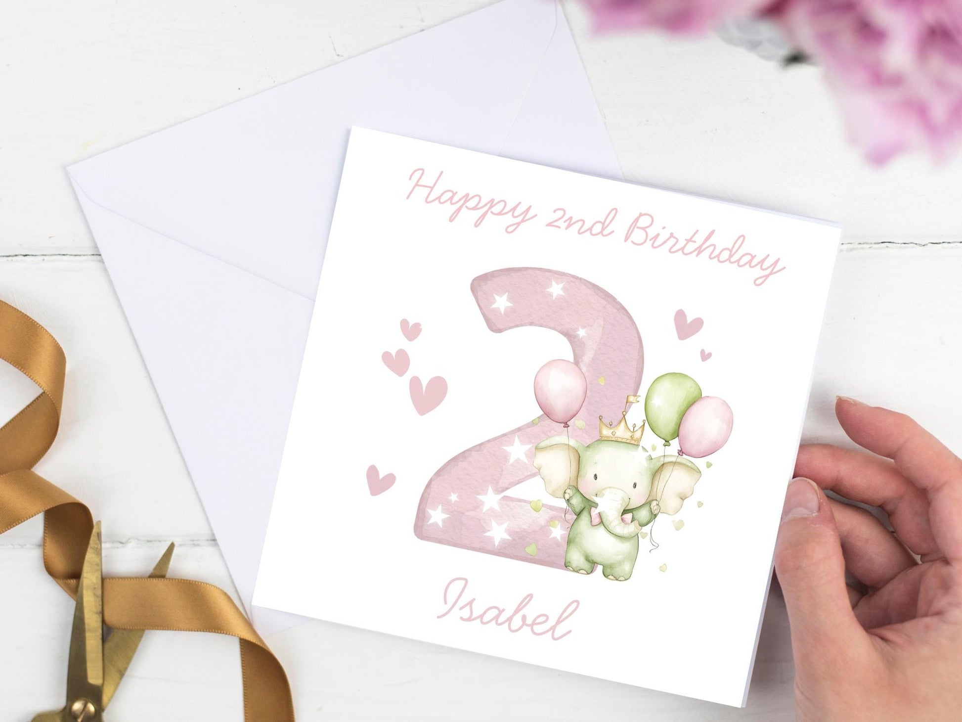 Personalised Elephant Custom Age name pink Birthday Card