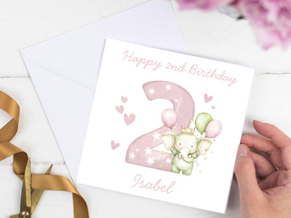 Personalised Elephant Custom Age name pink Birthday Card