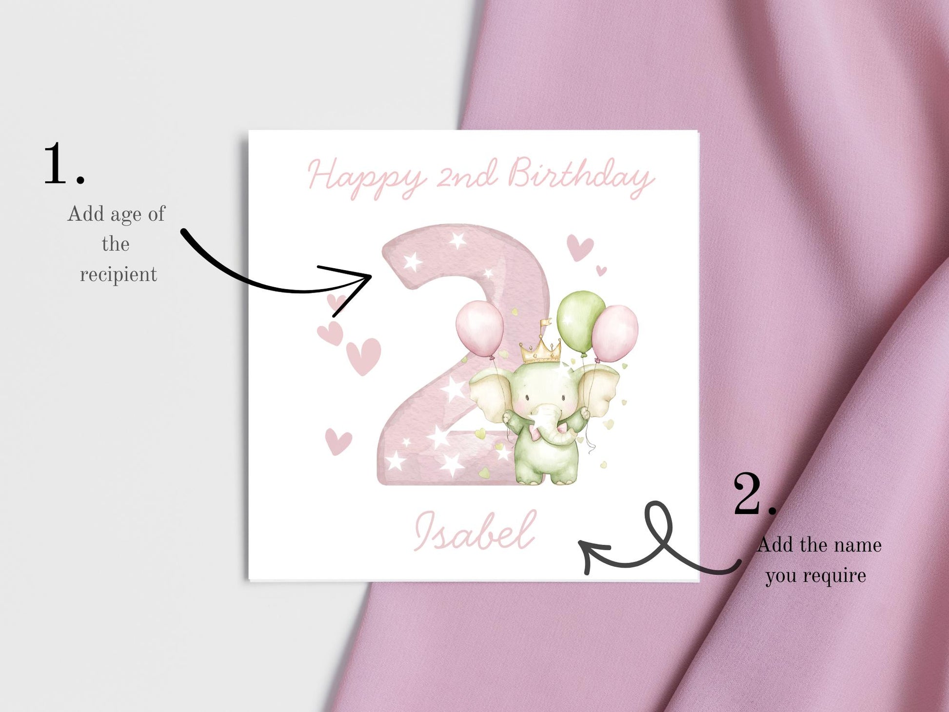 Personalised Elephant Custom Age name pink Birthday Card