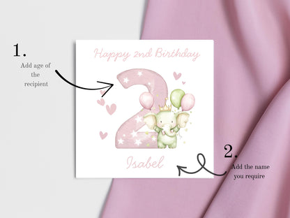 Personalised Elephant Custom Age name pink Birthday Card