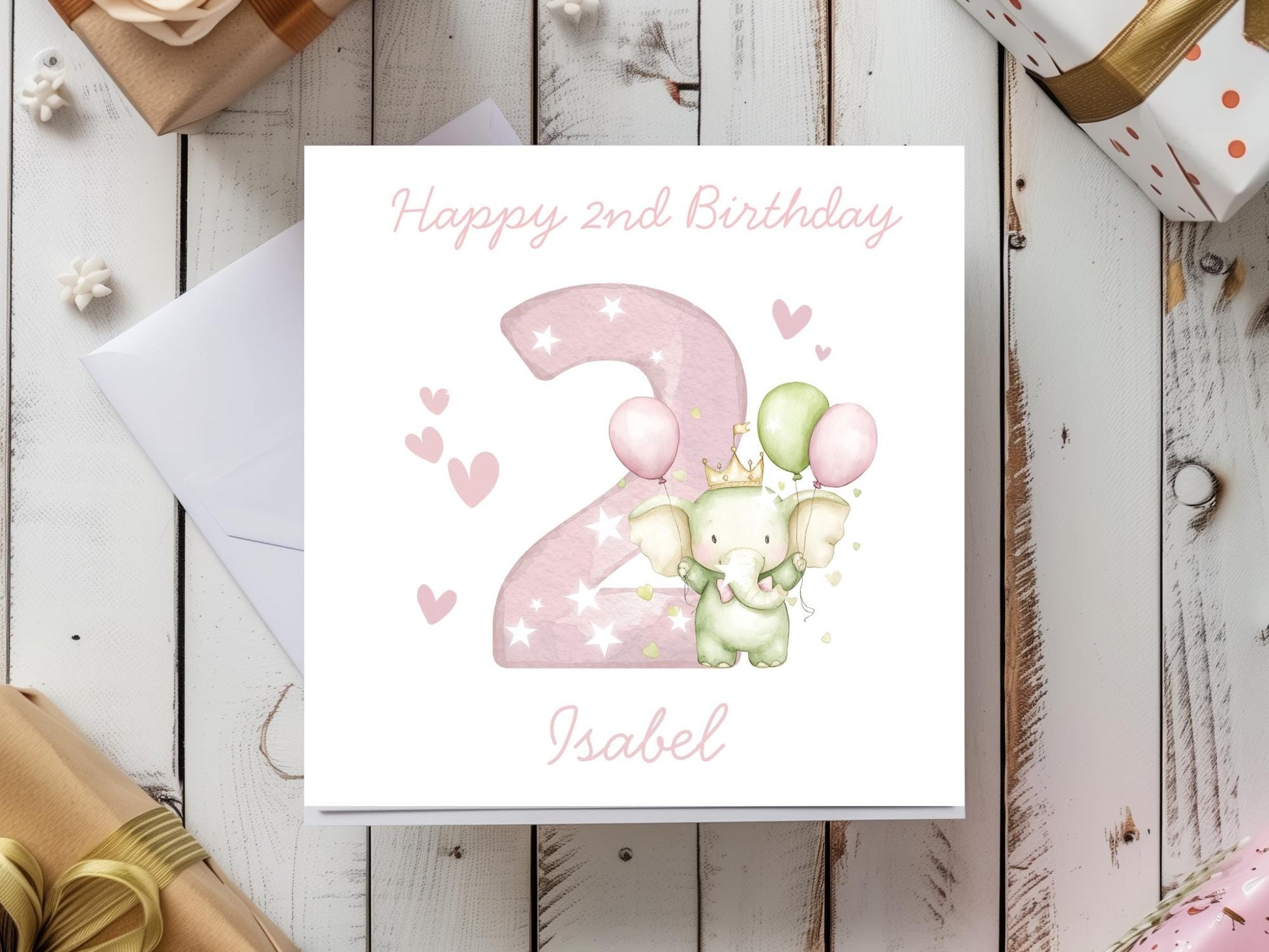 Personalised Elephant Custom Age name pink Birthday Card