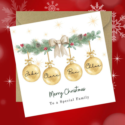Personalised Garland Family Christmas Card: Custom Names Card Bauble Gold