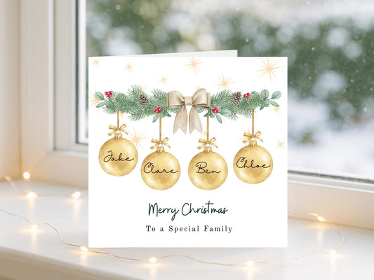 Personalised Garland Family Christmas Card: Custom Names Card Bauble Gold