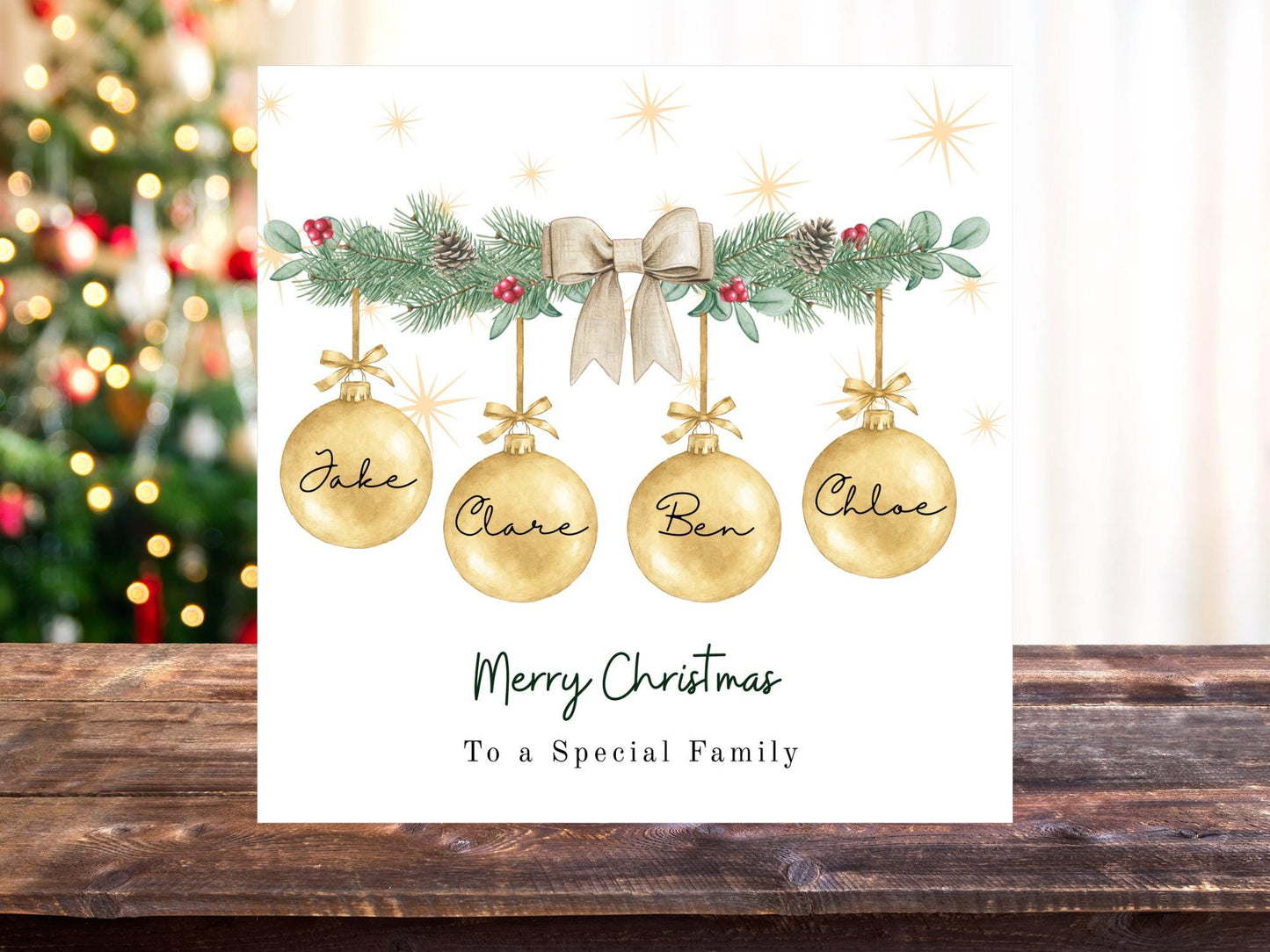 Personalised Garland Family Christmas Card: Custom Names Card Bauble Gold
