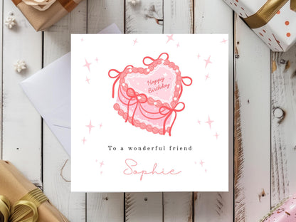 Personalised Heart Cream Cake Birthday Card for her
