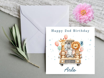 Safari Jeep Animals Birthday Card