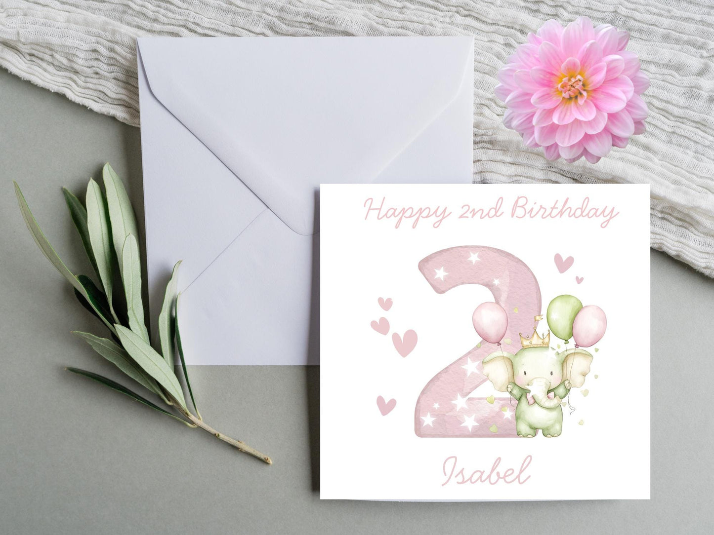 Personalised Elephant Custom Age name pink Birthday Card