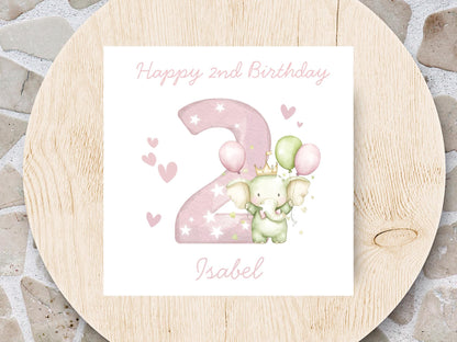 Personalised Elephant Custom Age name pink Birthday Card