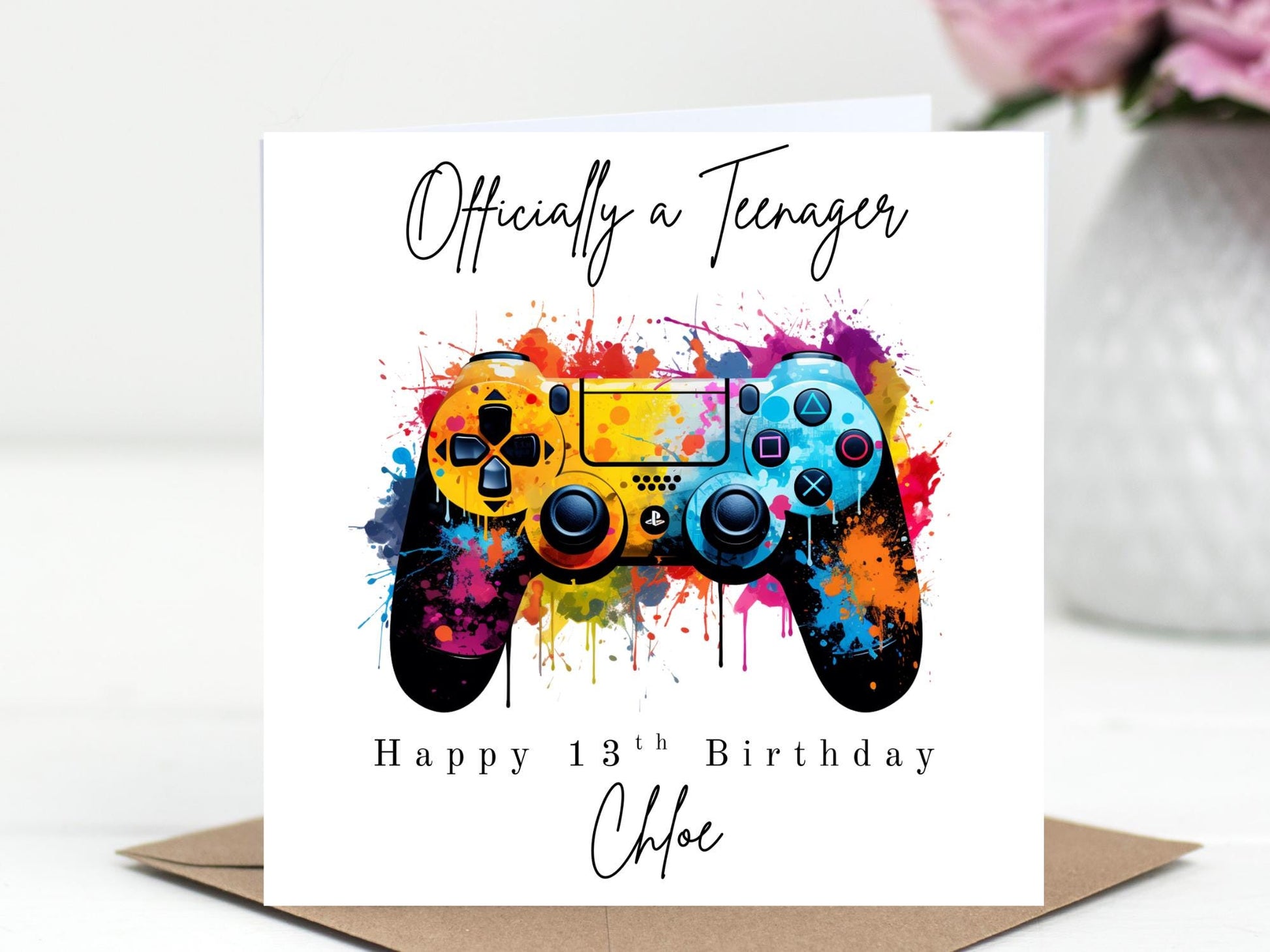 Officially a Teenager Birthday Card – PlayStation style controller - Gamer Card - Choice of 6 Colours - Splash Art
