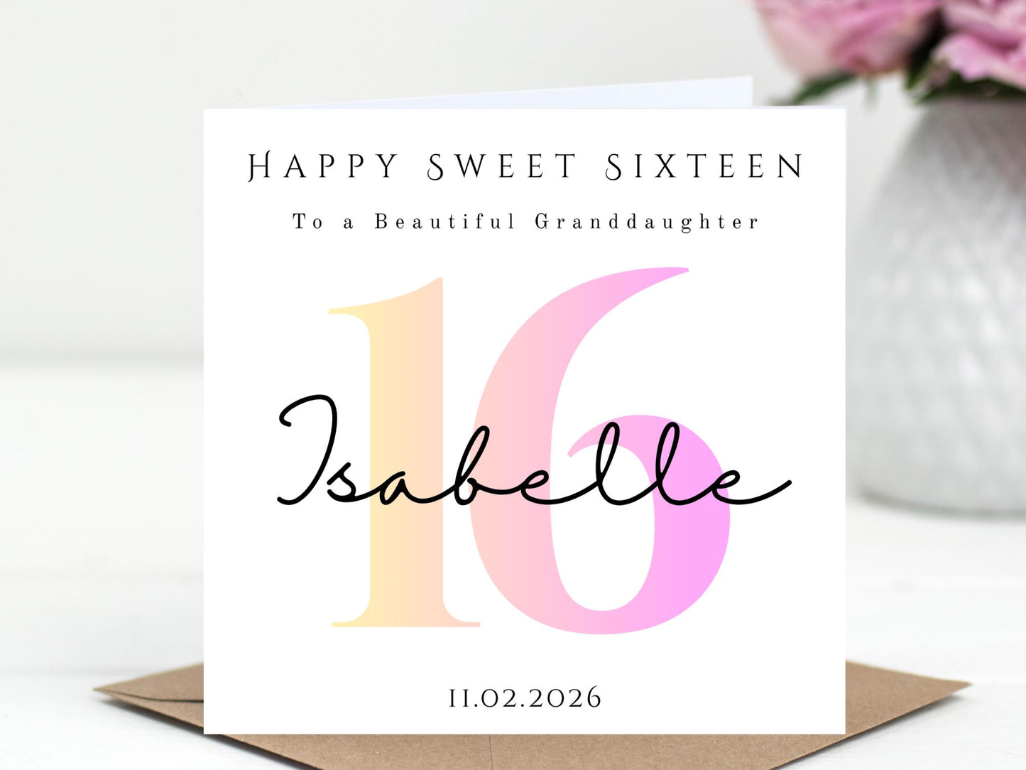 Personalised Ombre Pink Sweet Sixteen Birthday Card For Her- Milestone - Pink