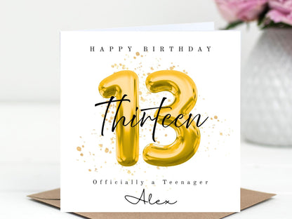 Officially a Teenager 13 Milestone Personalised Birthday Card – Number Balloon - Choice of 3 Colours