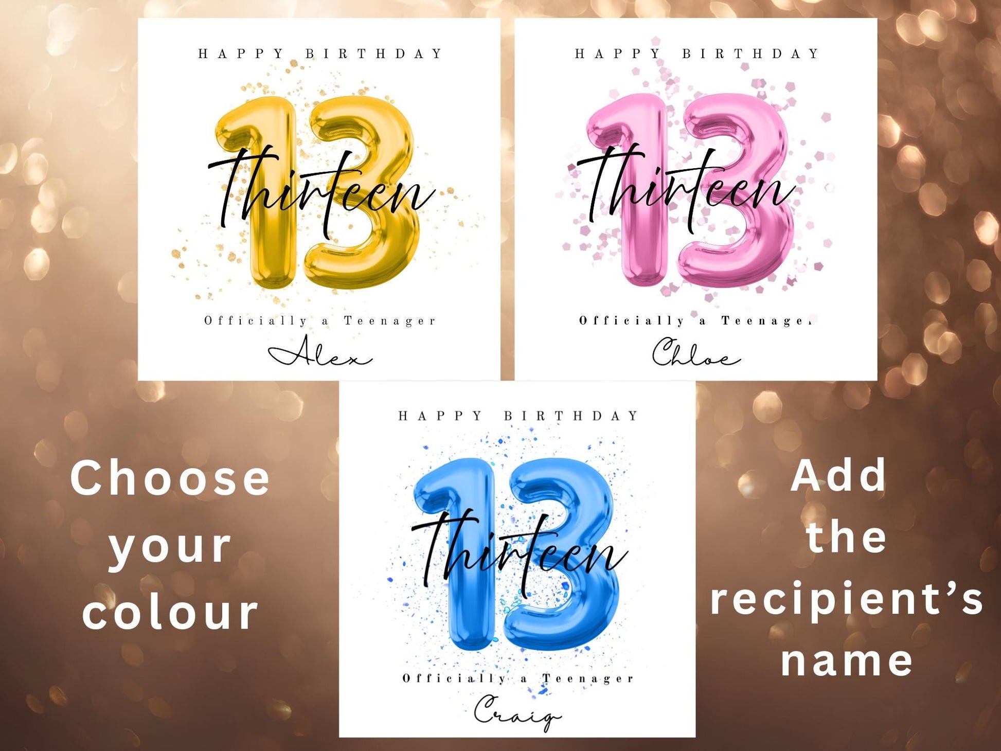 Officially a Teenager 13 Milestone Personalised Birthday Card – Number Balloon - Choice of 3 Colours