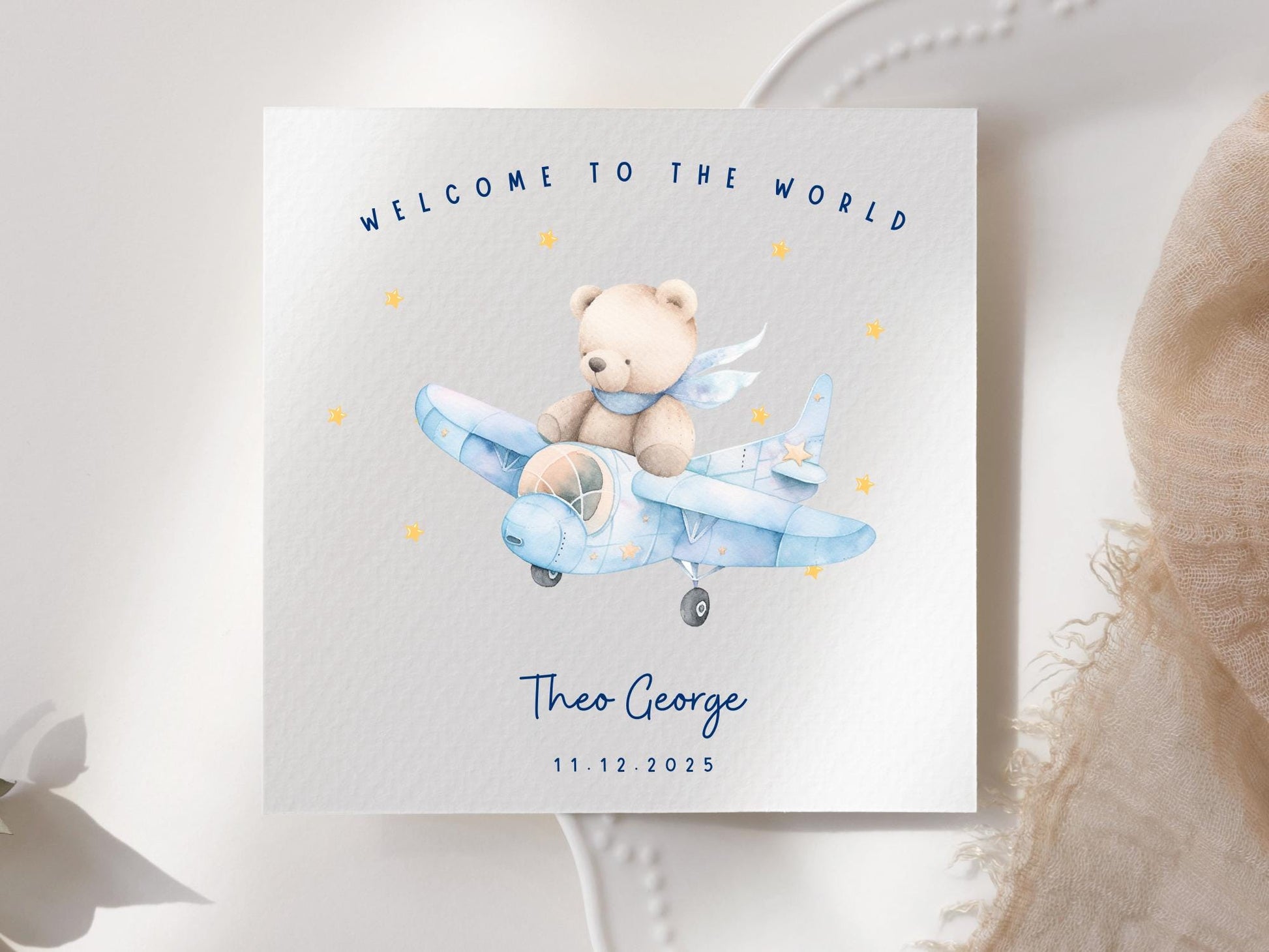 Welcome to the World - Baby Boy Card – Teddy Plane Newborn