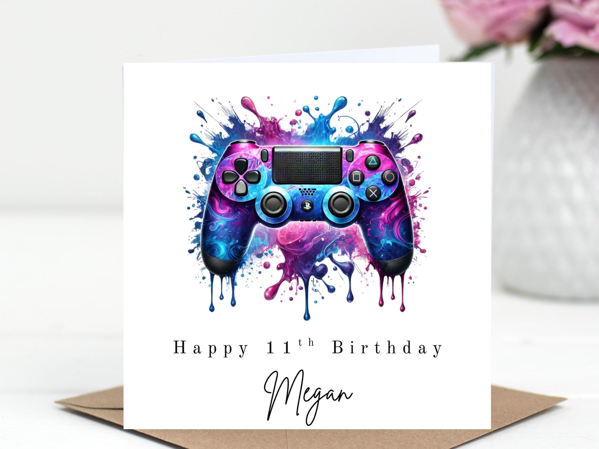 PlayStation style Controller Birthday Card - Personalised Gamer Card - Choice of 6 Colours - Splash Art