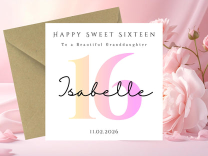 Personalised Ombre Pink Sweet Sixteen Birthday Card For Her- Milestone - Pink