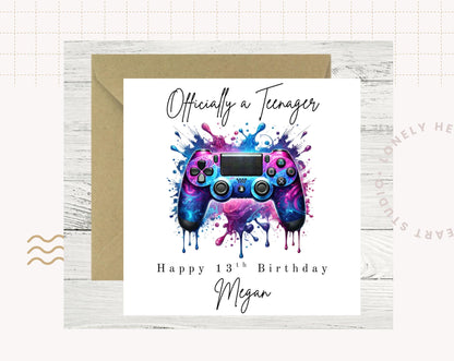 Officially a Teenager Birthday Card – PlayStation style controller - Gamer Card - Choice of 6 Colours - Splash Art