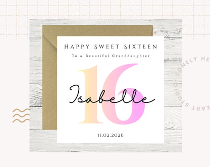 Personalised Ombre Pink Sweet Sixteen Birthday Card For Her- Milestone - Pink