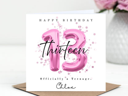 Officially a Teenager 13 Milestone Personalised Birthday Card – Number Balloon - Choice of 3 Colours