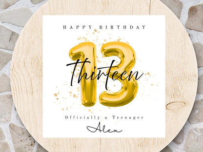 Officially a Teenager 13 Milestone Personalised Birthday Card – Number Balloon - Choice of 3 Colours