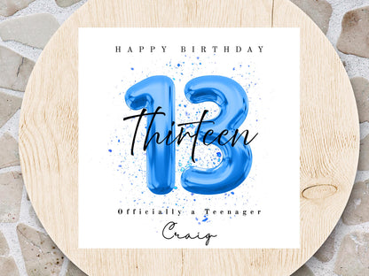Officially a Teenager 13 Milestone Personalised Birthday Card – Number Balloon - Choice of 3 Colours