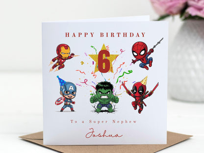 Personalised Super Hero Theme Birthday card - Custom - cartoon style