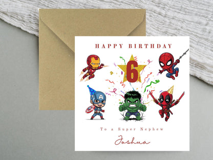 Personalised Super Hero Theme Birthday card - Custom - cartoon style