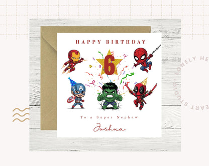 Personalised Super Hero Theme Birthday card - Custom - cartoon style