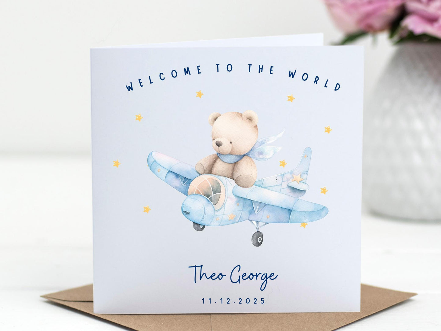 Welcome to the World - Baby Boy Card – Teddy Plane Newborn