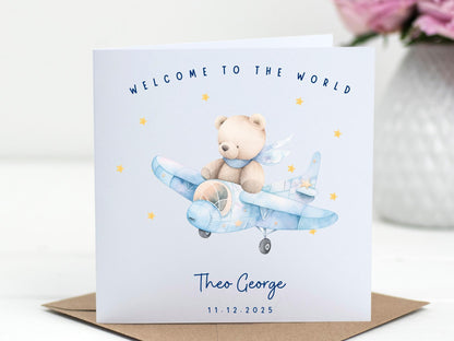 Welcome to the World - Baby Boy Card – Teddy Plane Newborn