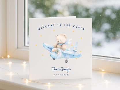 Welcome to the World - Baby Boy Card – Teddy Plane Newborn