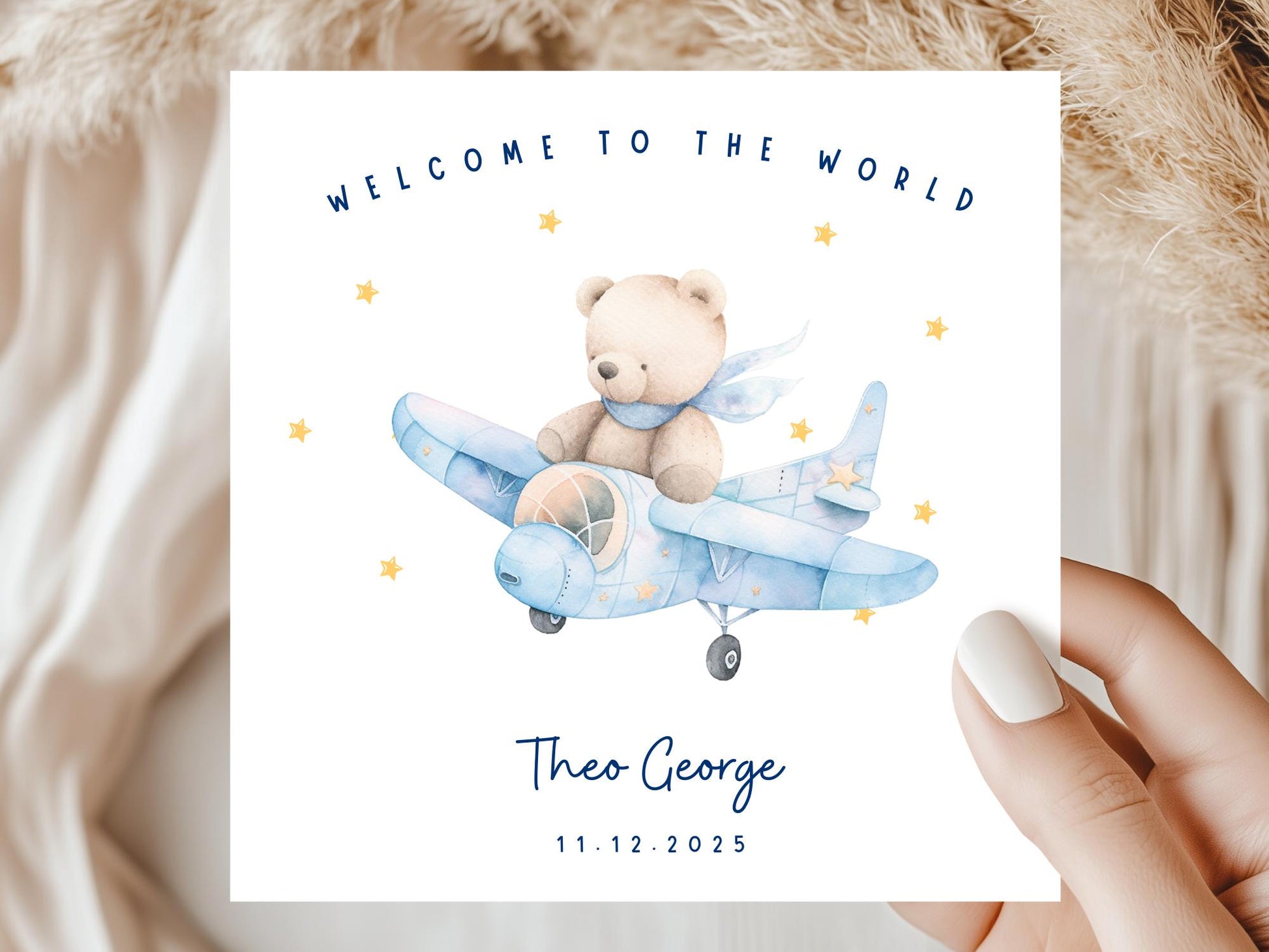 Welcome to the World - Baby Boy Card – Teddy Plane Newborn