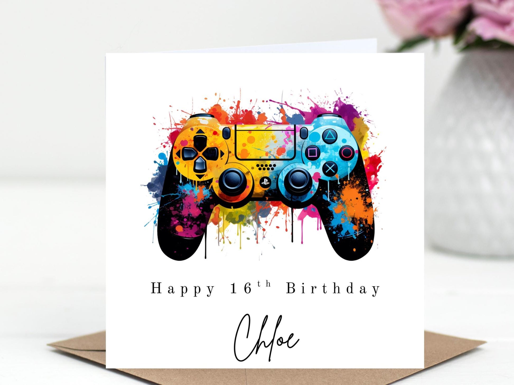PlayStation style Controller Birthday Card - Personalised Gamer Card - Choice of 6 Colours - Splash Art